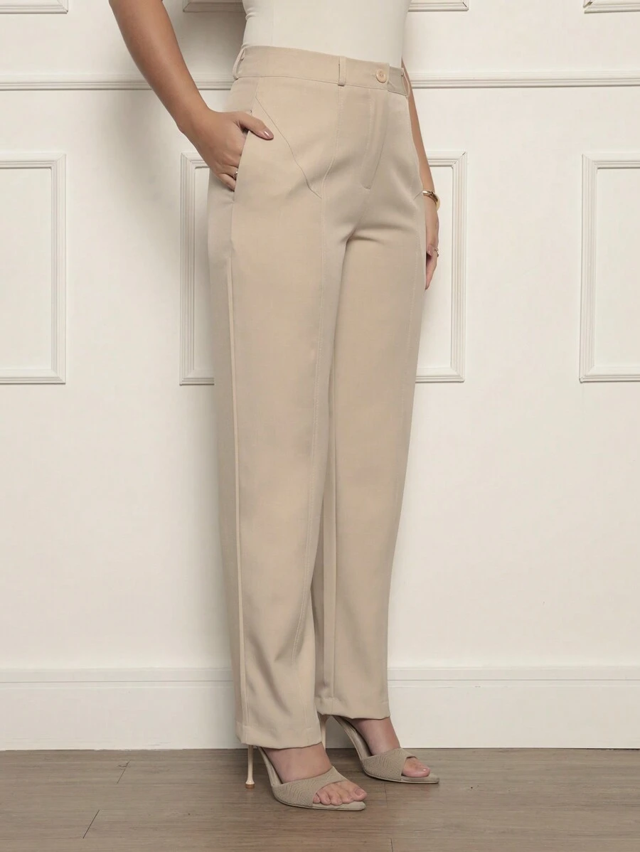 Women's Straight Trousers In Twill Fabric - Elegant Detail Near The Pocket - 淺米色 - 查看 1