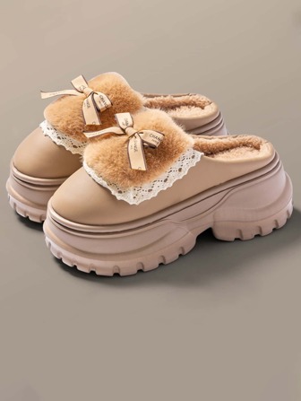 Women's Bowknot Fuzzy Slippers, Thick Sole Warm Home Indoor Comfort Slippers, Winter