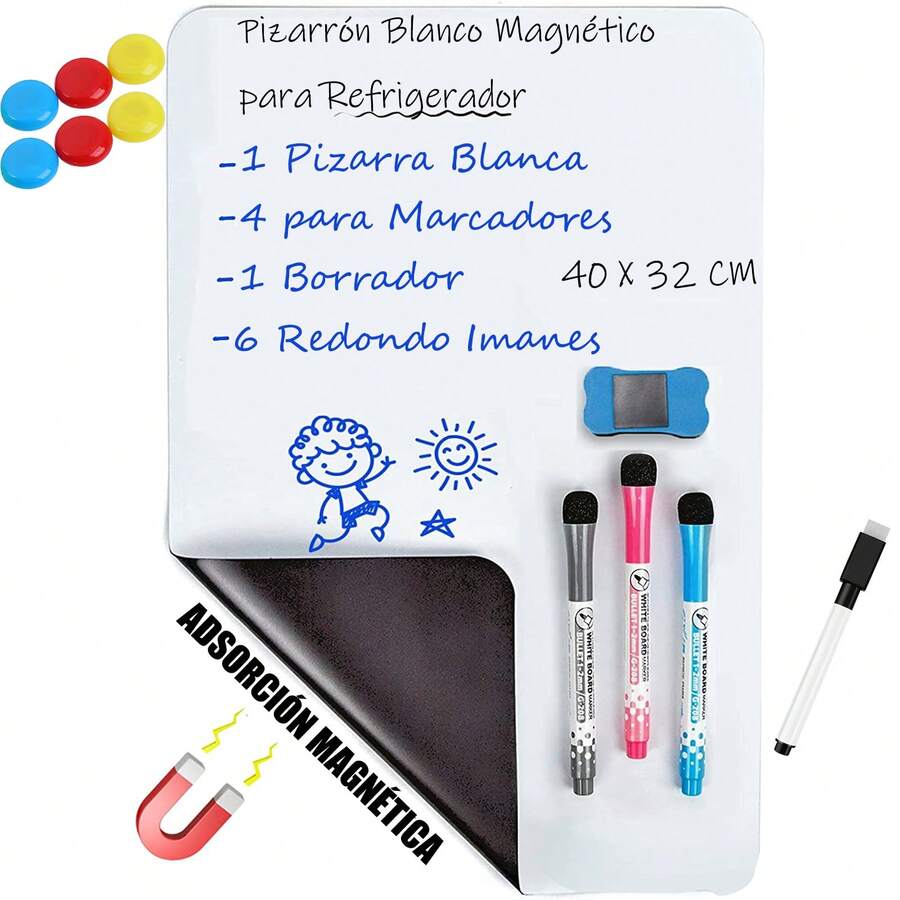 Pizarron Blanco para Refrigerador (42x30cm), Pizarra Blanca Magnetica Borrable con 4 para Marcadores,1 Borrador y 6 Redondo Imanes para Hogar, Oficina, Escuela, Calendario y Tabla de Tareas - Blanco - Ver 1