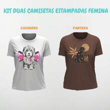 Kit - 2 Printed Women's T-Shirts, Basic, Slim, 100% Cotton, Super Comfortable, Premium Fabric With Round Neck - Cà phê nâu - Xem 2