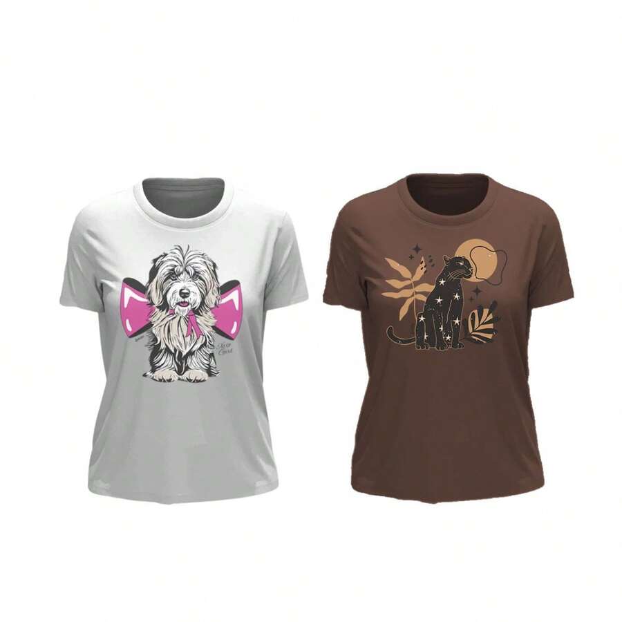 Kit - 2 Printed Women's T-Shirts, Basic, Slim, 100% Cotton, Super Comfortable, Premium Fabric With Round Neck - Cà phê nâu - Xem 1