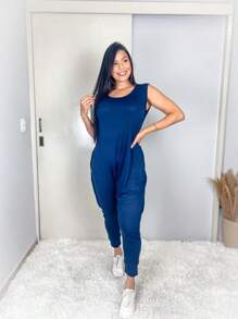 Tank Top Jumpsuit With Pocket And Back Adjustment - Màu xanh lam - Xem 2