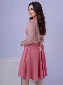 Long Sleeve Lace Midi Dress With Elastane For Bridesmaid Evangelical Fashion - Màu hồng gỉ - Xem 2