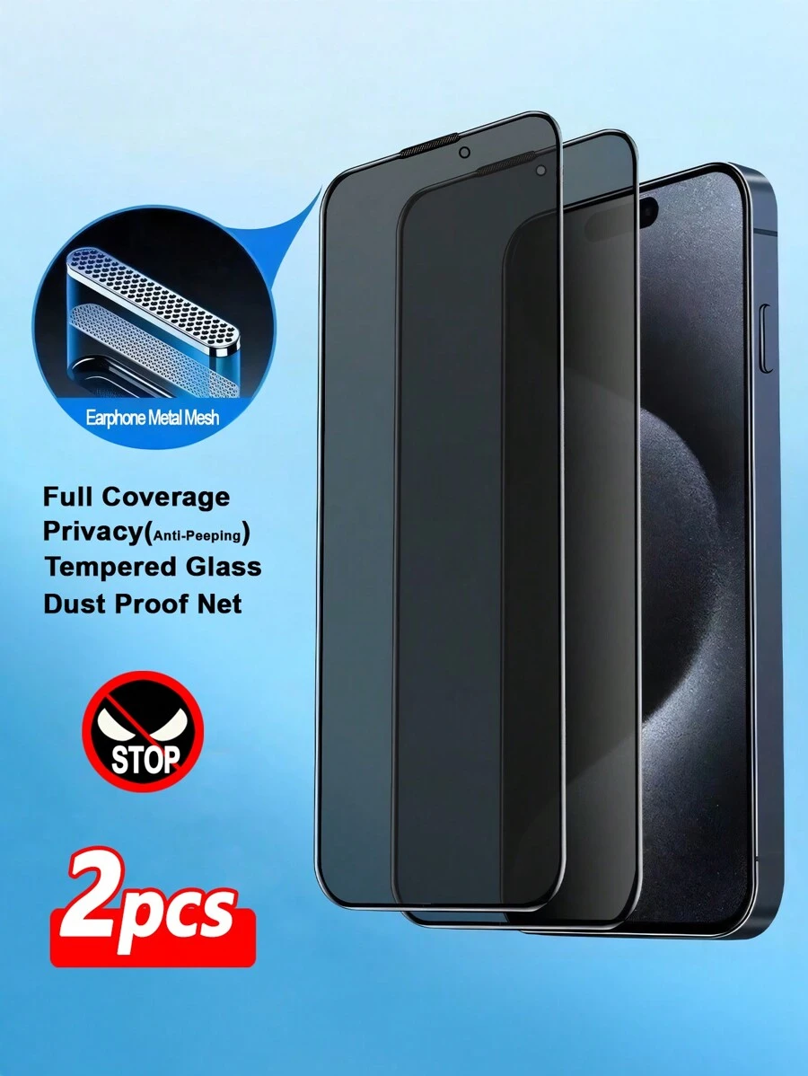 2pcs Full Screen Anti-Spy & Privacy Protection, Metal Dust-Proof Screen Protectors, Anti-Scratch, Protect Personal Privacy, 9H Hardness, Full Coverage, Silk Screen Privacy Anti-Peeping, High Aluminum Glass, Compatible With Iphone 16 Pro Max/16 Plus/16 Pro/16/15/15 Plus/15 Pro/15 Pro Max/14 Pro Max 13 Mini 12 11 X XR XS MAX 7 8 8P 8+ Series