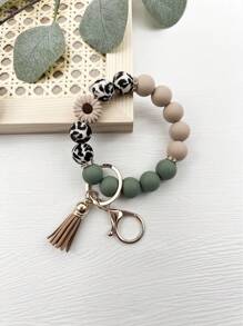 1 pieza Brazalete/Llavero/Colgante de bolso con estilo bohemio, con cuentas de silicona de vaca con estampado de vaca y borla, regalo para amigos, accesorios de coche, encanto de bolso, mochila para la escuela, gótico lindo Y2k