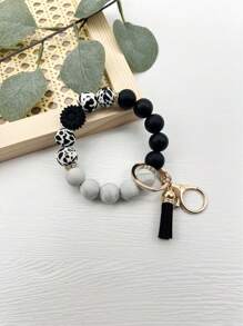 1 pieza Brazalete/Llavero/Colgante de bolso con estilo bohemio, con cuentas de silicona de vaca con estampado de vaca y borla, regalo para amigos, accesorios de coche, encanto de bolso, mochila para la escuela, gótico lindo Y2k