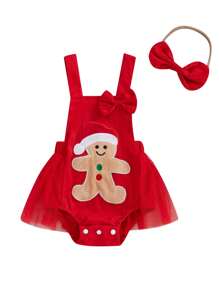 2Pcs Baby Girls Christmas Casual Romper Sleeveless Santa Claus Embroidery Romper With Headband Clothes Sets