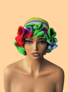 1 件女士手工钩编荷叶边针织贝雷帽，成人软边钟形帽，轻质镂空蕾丝无檐小便帽，有弹性，Y2K 风格，适合日常穿着、摄影、聚会、野餐、户外活动，保暖、防风、保暖耳朵、圣诞节