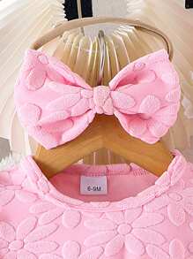 2 件装女婴粉色公主网眼撞色连衣裙套装（带发圈） - 粉色 - 查看 3