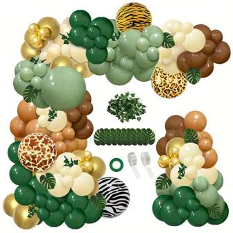 142pcs Jungle Wild One Balloon Arch Kit, Sage Green & Brown Balloons With Animal Print, Palm Leaves For Woodland Tropical Birthday Party Shower Decor, Back To School Valentine Day