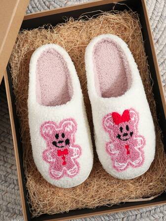 1 双女士舒适彩色蝴蝶和老鼠图案蓬松保暖拖鞋，圣诞节适用，厚底防滑，适合秋冬季