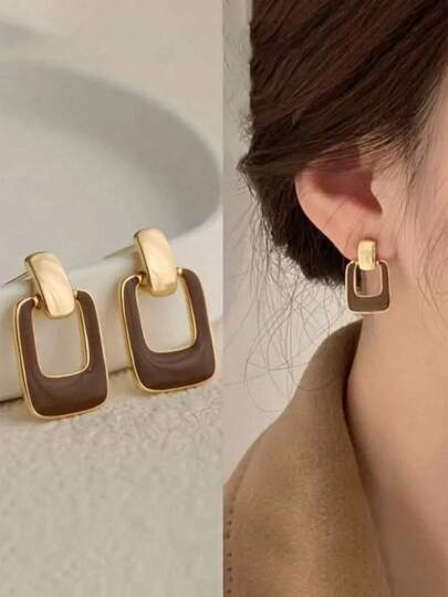 1 par de nuevos aretes cuadrados de café, aretes retro elegantes de alta gama de diseño de nicho'