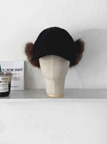 1 chiếc mũ nhung ấm áp che tai thời trang thu đông, mũ trượt tuyết ngoài trời dành cho cả nam và nữ có vành mũ khâu tương phản, phù hợp cho cả nam và nữ - Mũ có đỉnh tương phản bằng lông cừu cực*đen - Xem 1