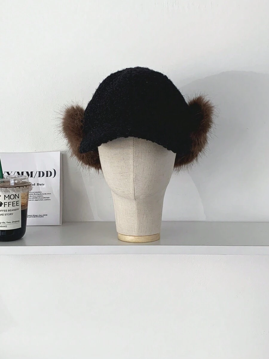 1 chiếc mũ nhung ấm áp che tai thời trang thu đông, mũ trượt tuyết ngoài trời dành cho cả nam và nữ có vành mũ khâu tương phản, phù hợp cho cả nam và nữ - Mũ có đỉnh tương phản bằng lông cừu cực*đen - Xem 1