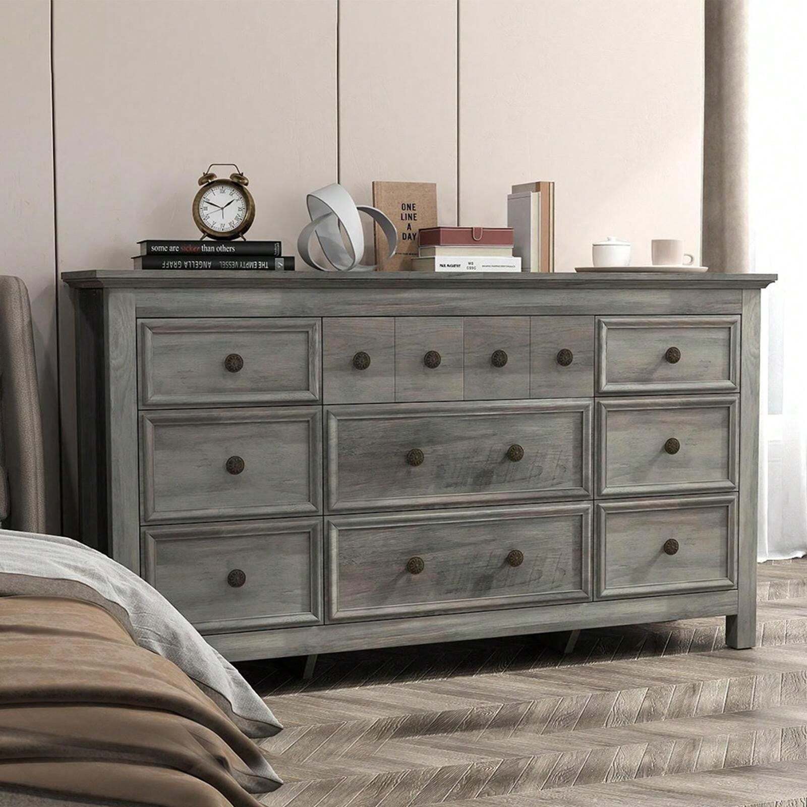 Modern Farmhouse 9 Drawer Dresser For Bedroom, Wood Chest Of Drawers