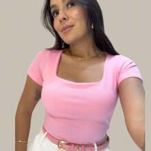 Women's Ribbed Blouse Square Neck Short Sleeve Casual Everyday Blouse - Berwarna merah muda - View 2