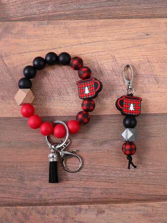 1 件格子圣诞杯设计硅胶串珠钥匙扣、背包挂件、防丢失腕带钥匙圈、圣诞礼物