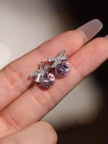 1 bộ trang sức thiết kế tối giản hình tròn đính đá Zirconia màu hồng 925 bạc bao gồm hoa tai, dây chuyền mặt dây chuyền, thích hợp làm quà tặng ngày lễ, tiệc tùng, dịp thời trang - Màu tím - Xem 6