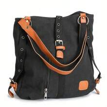Women Canvas Handbag Casual Shoulder Bag Rucksack Convertible Backpack Tote Bag - Black - View 2