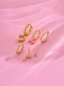 6pcs/Set Elegant Pink Bow & Heart Zirconia Earring Set, Suitable For Party, Holiday, Date Or Wedding Valentines - Pink - View 2