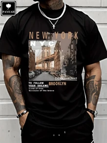 PAYEAH Men's Casual Cotton Streetwear Street View Of Brooklyn New York High Quality ClothingTrendyT-Shirt 100% Heavy Cotton T Shirt - 黑色 - 查看 1