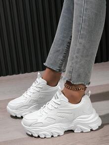 Giày chạy bộ thoáng khí màu trơn đơn giản buộc dây màu trắng tối giản cho nữ, giày thể thao đế dày chống trượt thời trang ngoài trời cho các môn thể thao hàng ngày - trắng - Xem 3