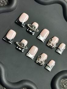 10 cái/bộ đầu móng tay mỏ vịt phong cách Y2K thủ công, màu bạc, nhúng đen, nhúng trắng với viền kiểu Pháp, giọt nước 3D, ngôi sao, hình giọt nước đen bạc cổ điển 3D nhân tạo hình vuông ngắn màu đen mờ nhuộm họa tiết cá sấu trang trí móng tay kiểu Pháp. Thích hợp cho phụ nữ và trẻ em gái đeo khi dự tiệc, khiêu vũ, cuộc sống hàng ngày. Bao gồm dụng cụ làm móng. Có thể làm quà tặng. - màu đen - Xem 3