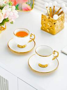 1 Set, 6 Cups And 6 Saucers, Turkish Coffee Cups And Water Glasses, English Afternoon Tea Set, With Handles, Heat-Resistant, Golden Luxury, Suitable For Restaurants, Homes And Offices, A Great Gift Choice For Family, Friends And Loved Ones