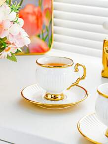 1 Set, 6 Cups And 6 Saucers, Turkish Coffee Cups And Water Glasses, English Afternoon Tea Set, With Handles, Heat-Resistant, Golden Luxury, Suitable For Restaurants, Homes And Offices, A Great Gift Choice For Family, Friends And Loved Ones