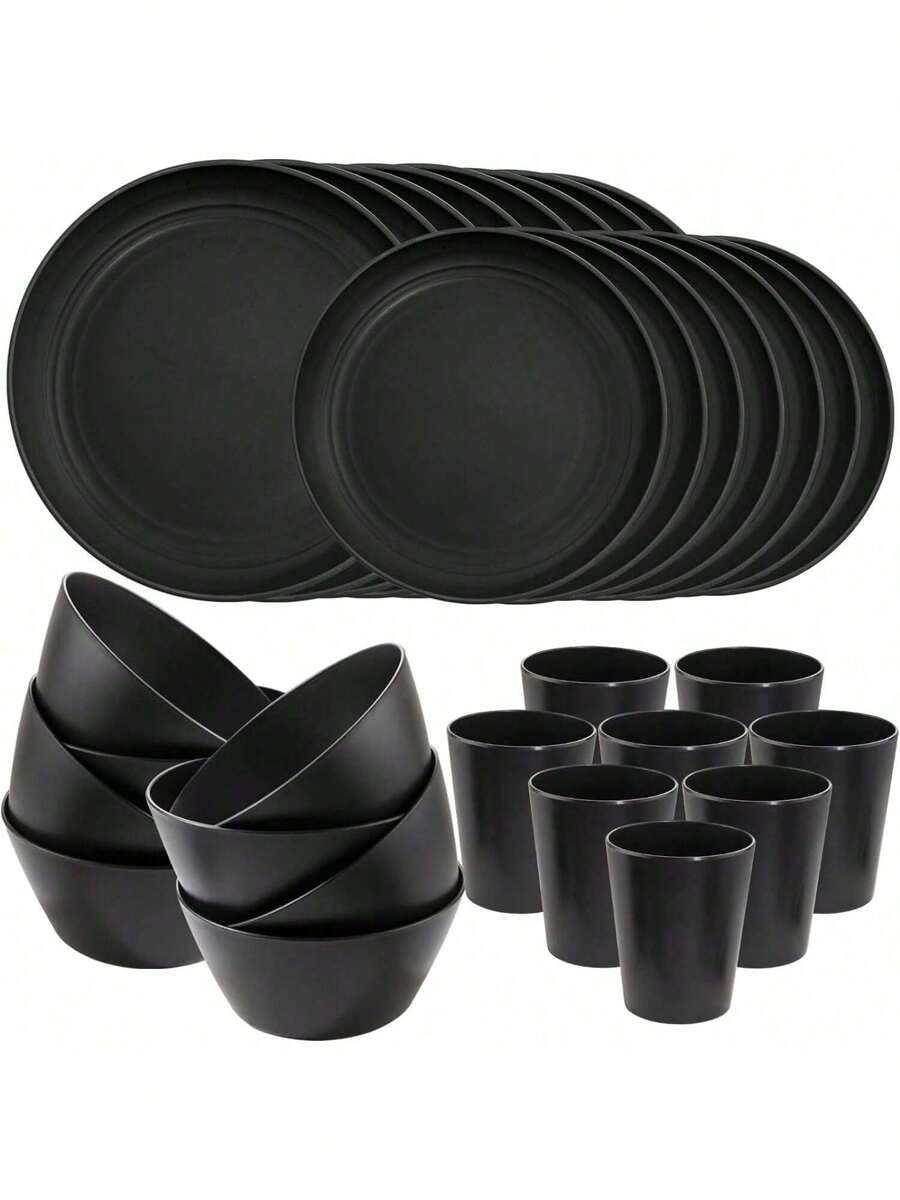 48pcs Black Wheat Straw Dinnerware, Plates And Bowls Set, Camping Dish Set For 12, Plastic Dinnerware Set, Dishwasher Safe Dinnerware Set,Unbreakable Plastic,Camper Dish Sets