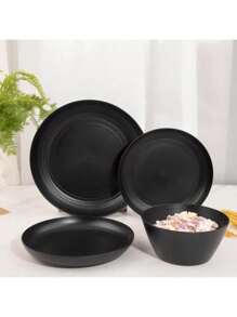 48pcs Black Wheat Straw Dinnerware, Plates And Bowls Set, Camping Dish Set For 12, Plastic Dinnerware Set, Dishwasher Safe Dinnerware Set,Unbreakable Plastic,Camper Dish Sets