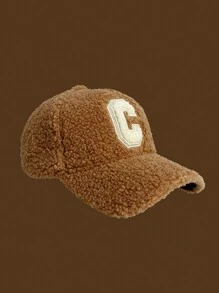 1pc Unisex Plain Letter C Embroidered Fleece Warm Baseball Cap, Fluffy Sherpa Snapback Hat For Students, Casual Street Style, Autumn/Winter, Couple/Outdoor Sports