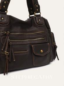 STEPHIECATHY 纯色水洗柔软PU仿皮，拉链封口，多口袋设计，双短肩带，可调节腰带，男女通用，复古休闲实用，适合日常大学生活、旅行、户外活动。新款女士手提包，送给女士的绝佳礼物。 - 咖啡棕 - 查看 2