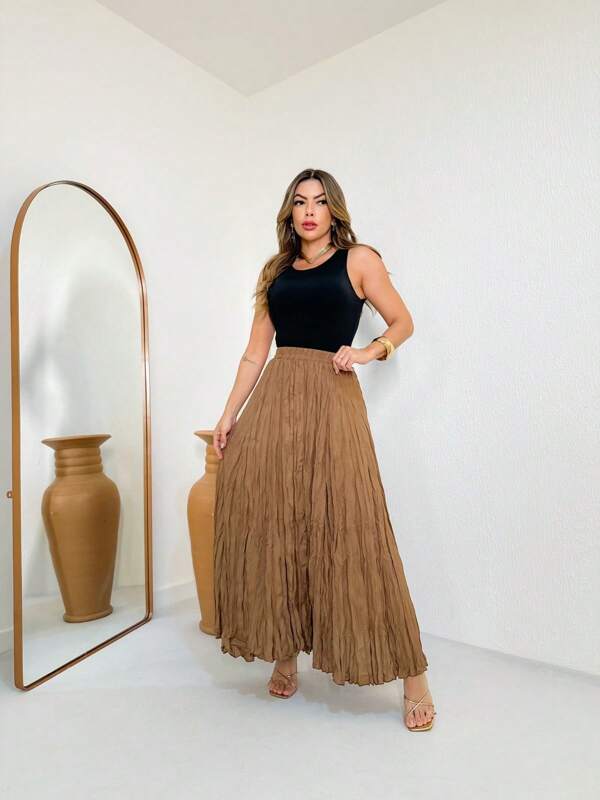 Saia maxi plissada elástica cintura alta na moda/A802
