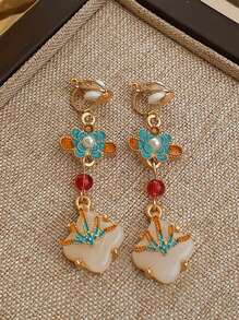 2 件时尚镂空扇形夹式耳环，中国复古几何风格无穿孔耳环 - 彩色 - 查看 16