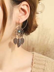 TopHanqi Bộ trang sức thời trang nữ 3 món: Hoa tai + Dây chuyền, Hoa tai tua rua Boho, Dây chuyền mặt dây chuyền hai lớp có chi tiết Dream Catcher và đá quý ở giữa, Dùng để đeo hàng ngày, hẹn hò, làm quà tặng, phù hợp với mọi trang phục - màu cà phê - Xem 2