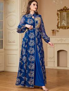 Siskakia Dubai Elegant Gold Thread Embroidery Diamonds Belted V-Neck Mesh Party Abaya Dresses For Women Vacation Spring - Blue - View 3