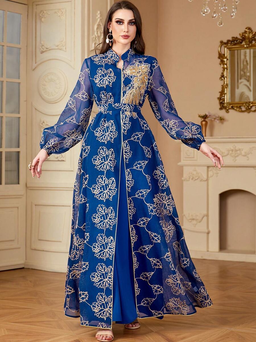 Siskakia Dubai Elegant Gold Thread Embroidery Diamonds Belted V-Neck Mesh Party Abaya Dresses For Women Vacation Spring