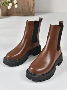 Women's New Autumn/Winter Chelsea Boots, Classic Thick Sole Calf Length Short Boots, Beige