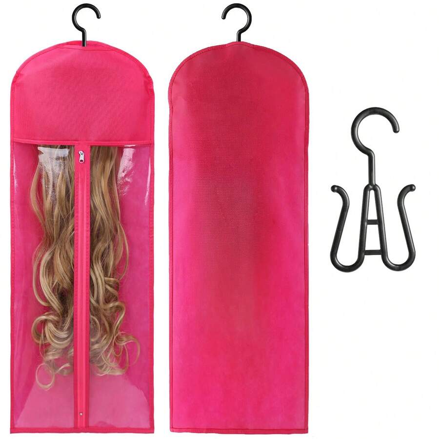 接发架假发收纳袋可容纳多个假发，带衣架假发架防尘接发收纳带钩接发、假发及配件（热粉色） - 玫瑰紅 - 查看 1
