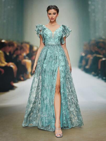 V-Neck Embroidered Lace Ruffle Trim Short Sleeve Front Slit High-End Evening Dress, Bridesmaid Dress