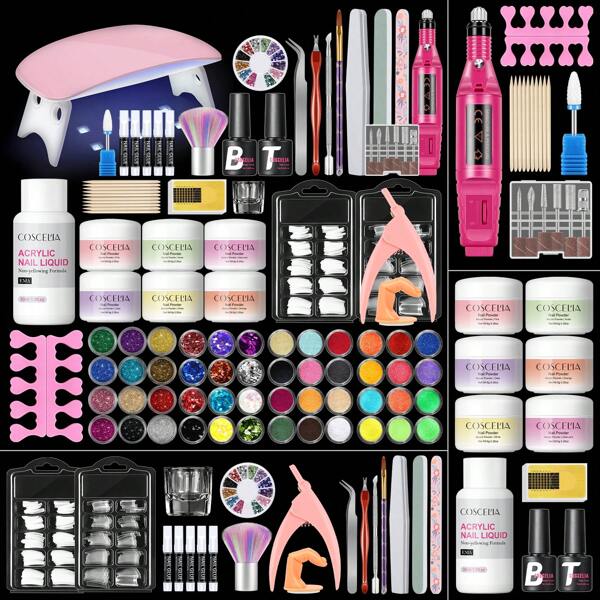 coscelia 38PCS Acrylic Nail Kit With Everything 6 Colors Acrylic Nail Powder Professional Nail Kit Acrylic Set With UV Light Nail Acrylic Kit For Nail Extension Or Acrylic Carving Acrylic Powder Set (Nail File&Nail Glue Random Delivery)