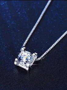 1 Carat D-Color VVS1 Classic Premium Quality Elegant S925 Silver Rhodium Plated Pendant Necklace With GRA Certificate, Feature A 1 Carat High-Quality Moissanite Center Stone With Brilliant Fire And Sparks, Suitable For Engagement, Wedding, Girlfriend Gift, Wedding Party, Vintage Party Or Daily Wear