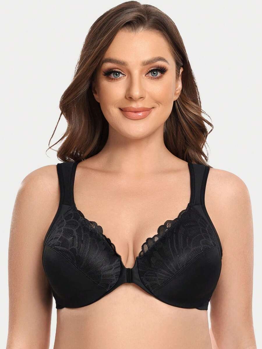 Women's Plus Size Full Coverage Lace Underwire Front Closure Bra