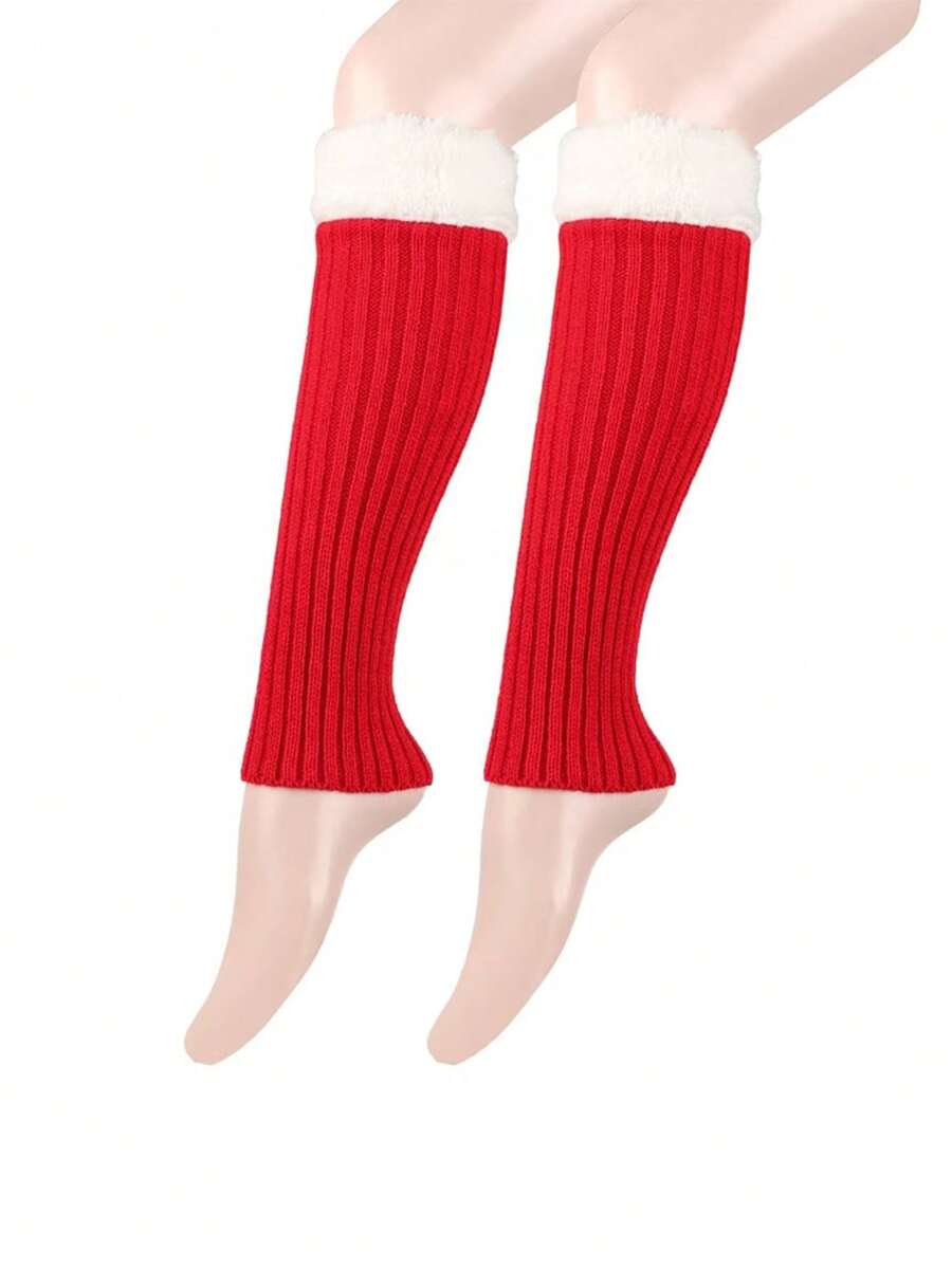 1 Pair Women Red & White Furry Leg Warmers, Fashion New Year Leg