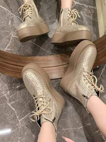 时尚女士水晶装饰冬靴 - 纯色丰富，柔软厚跟，方便侧拉链，厚底，舒适圆头 - 寒冷天气风格的理想选择 - 金色 - 查看 4