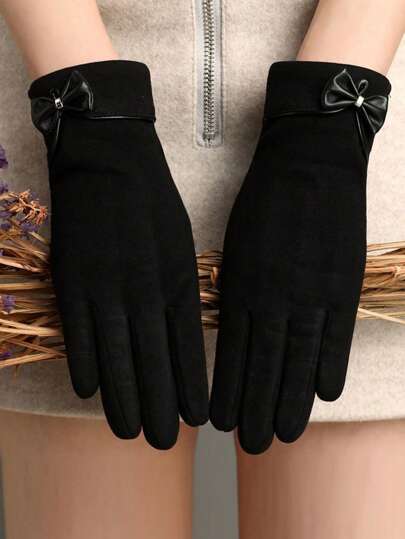 优雅 1 双新款女士时尚仿兔保暖内衬 PU 皮革可爱蝴蝶结触摸屏冬季保暖防风防寒毛绒户外骑行家居用品服装配件全指柔软手套，适合户外和日常使用情人节