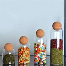 1 pezzo/3 pezzi/4 pezzi Set elegante di barattoli ermetici per cucina con coperchio in sughero naturale - Solo lavaggio a mano, barattoli di vetro per conservazione di caffè, tè, spezie - Riutilizzabili, contenitori di vetro rotondi ideali per uso familiare