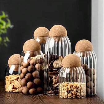 1pc/3pcs/4 Pcs Elegant Airtight Kitchen Canister Set With Natural Cork Lid - Hand Wash Only Glass Storage Jars For Coffee, Tea, Spices - Reusable, Round Glass Containers, Ideal For Family Use