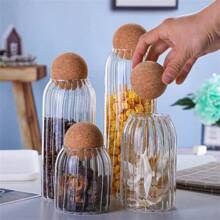 1 pezzo/3 pezzi/4 pezzi Set elegante di barattoli ermetici per cucina con coperchio in sughero naturale - Solo lavaggio a mano, barattoli di vetro per conservazione di caffè, tè, spezie - Riutilizzabili, contenitori di vetro rotondi ideali per uso familiare
